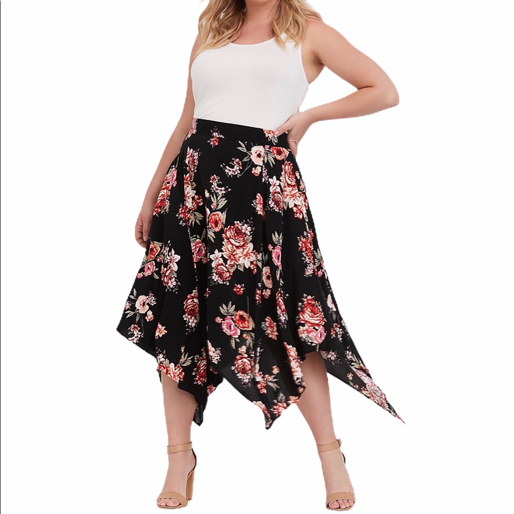 Torrid Black Floral Handkerchief Maxi Skirt